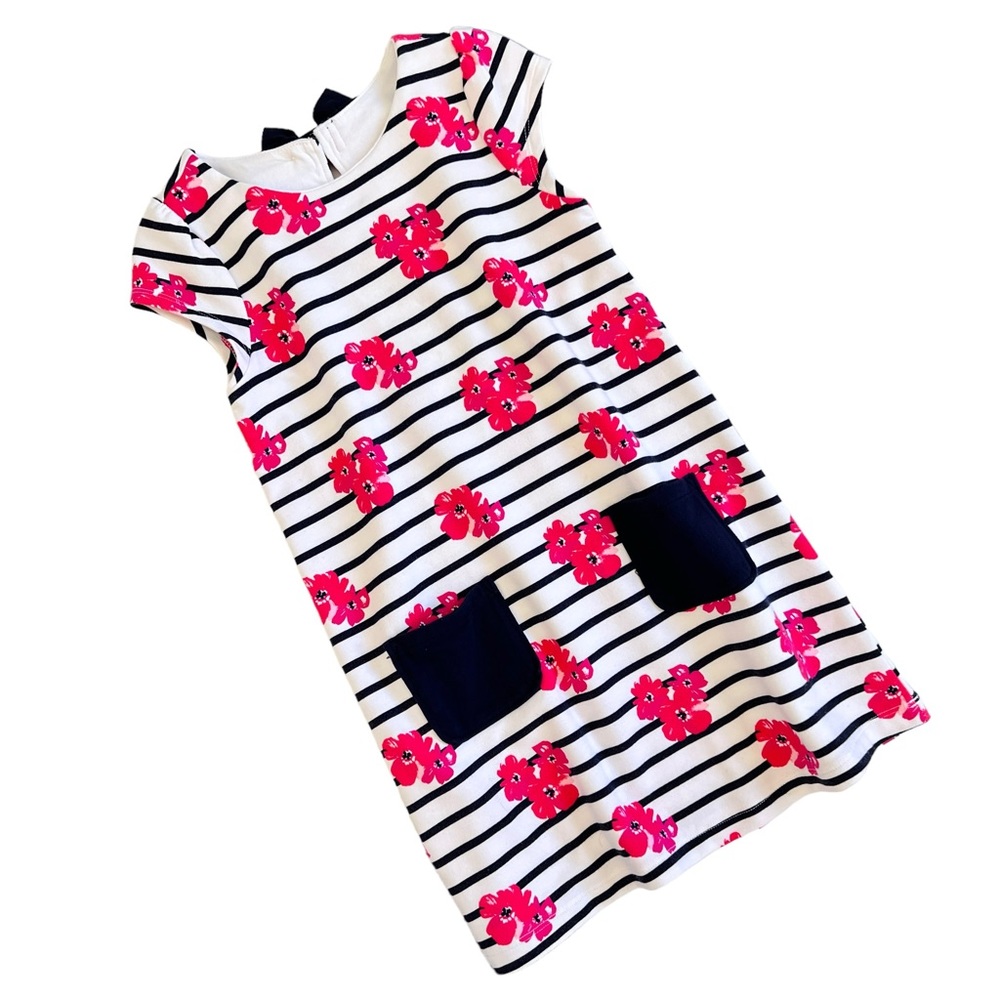 GYMBOREE White Blue Striped Pink Floral Dress Cap Sleeve Bow Cotton Blend Sz 5